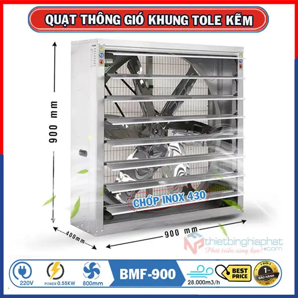 Quạt thông gió vuông 900x900 BMF-900 khung tole kẽm 8 Quạt thông gió vuông tole kẽm 900x900x400mm BMF-900 chớp INOX