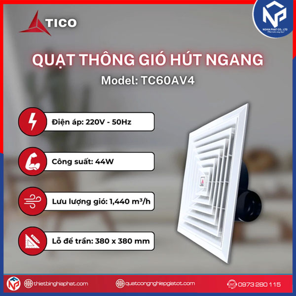 Quạt thông gió âm trần Tico TC-60AV4 nối ống 9 Quạt thông gió âm trần Tico TC-60AV4 nối ống