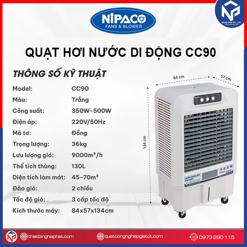 Máy làm mát không khí Nipaco CC90 - 550W 130L 10 Quạt hơi nước Nipaco CC90 500W